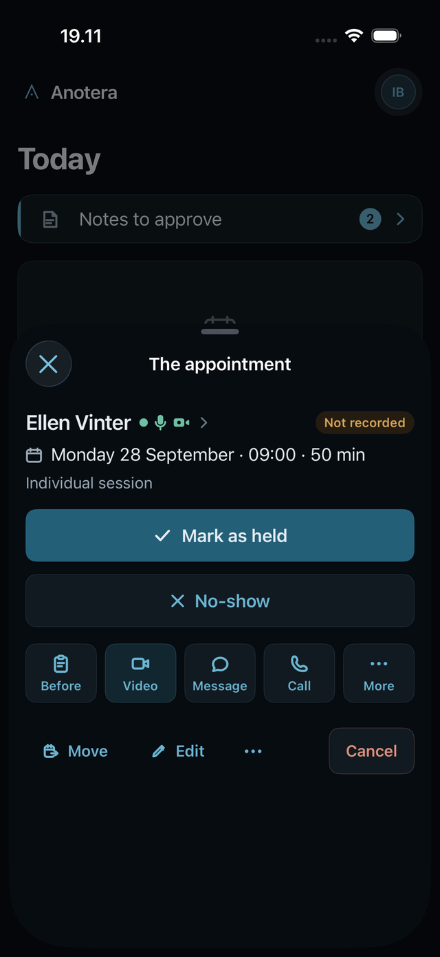 The appointment on iPhone in dark mode