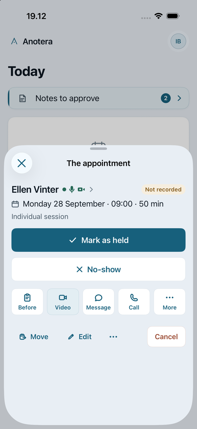 The appointment on iPhone: client’s name, time and service, Mark as held, and the action tiles Before, Video, Message, Call and More