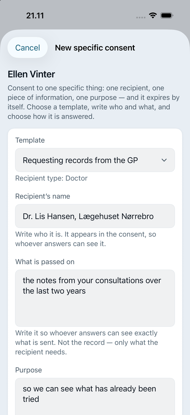 New specific consent with the clinic’s template “Requesting the record from the GP” chosen: the recipient type comes with it