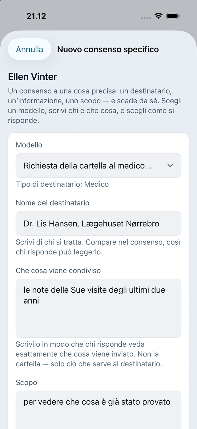 Nuovo consenso specifico con il modello dello studio scelto: il tipo di destinatario lo segue