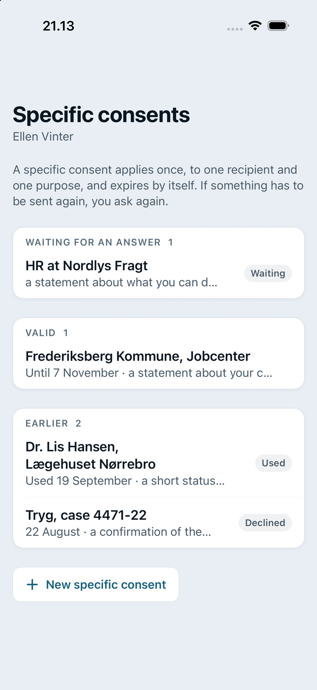 Specific consents on a client: one waiting for an answer, one valid, and the earlier ones used or declined