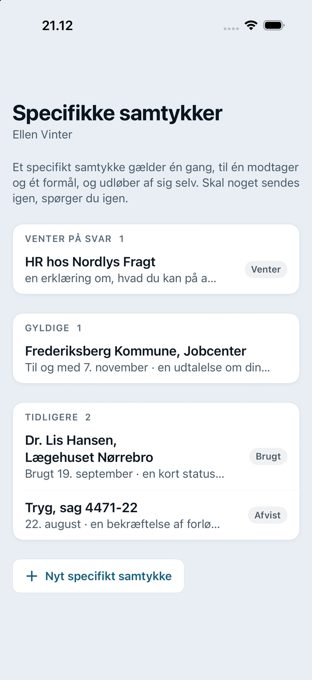 Specifikke samtykker på en klient: ét venter på svar, ét er gyldigt, og de tidligere er brugt eller et nej