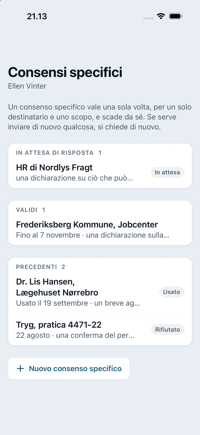 I consensi specifici di un cliente: uno in attesa di risposta, uno valido, e quelli precedenti usati o rifiutati