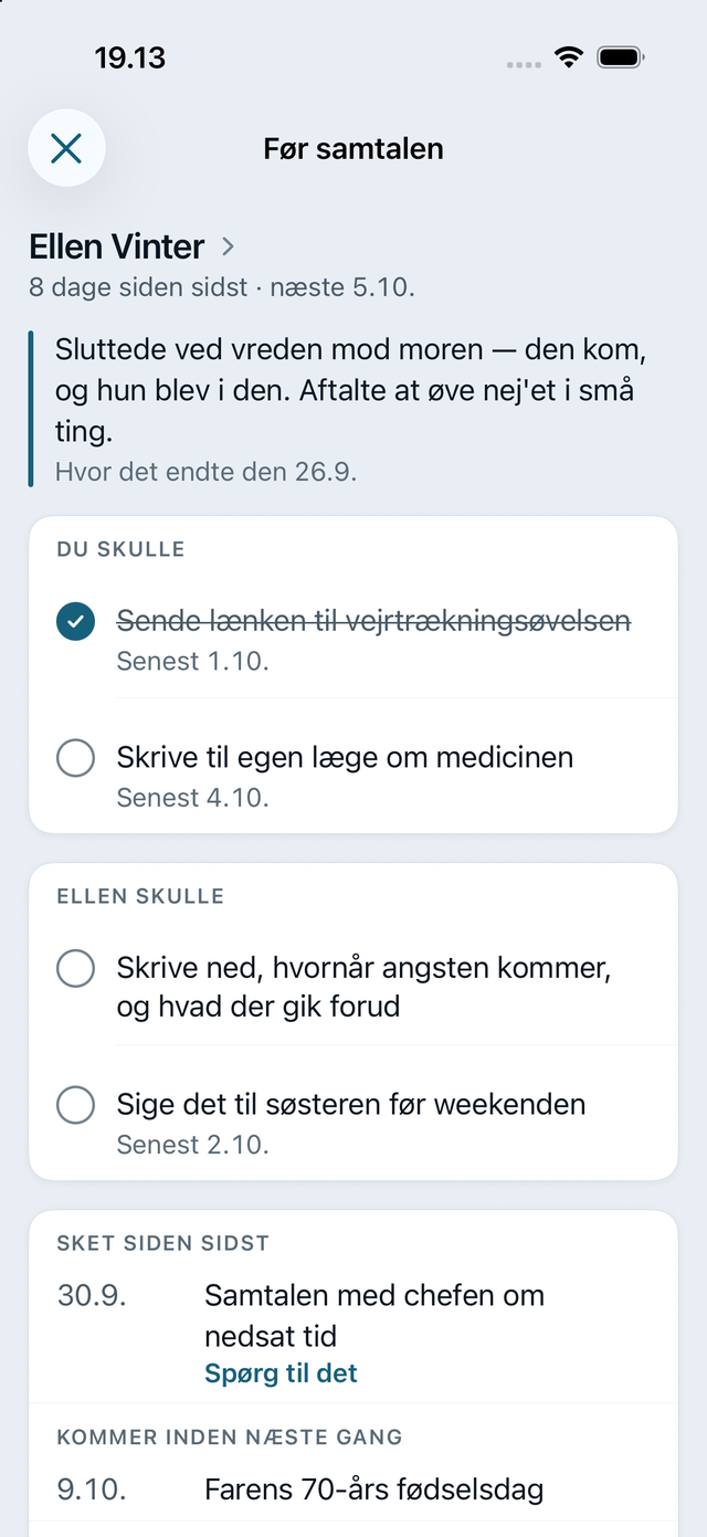 Før samtalen: sidste notat, aftaler fra sidst og skemaer, på én skærm