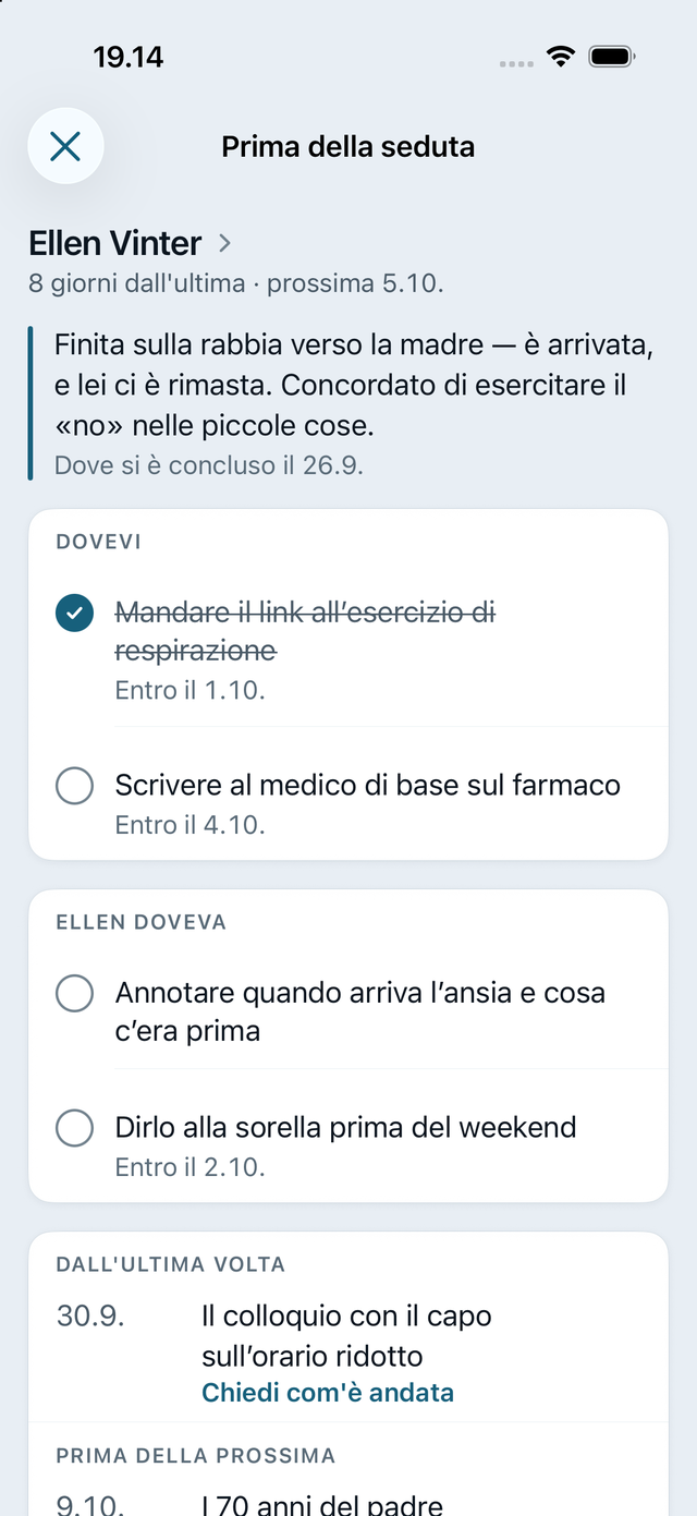 Prima della seduta: ultima nota, accordi della volta scorsa e questionari, su una schermata