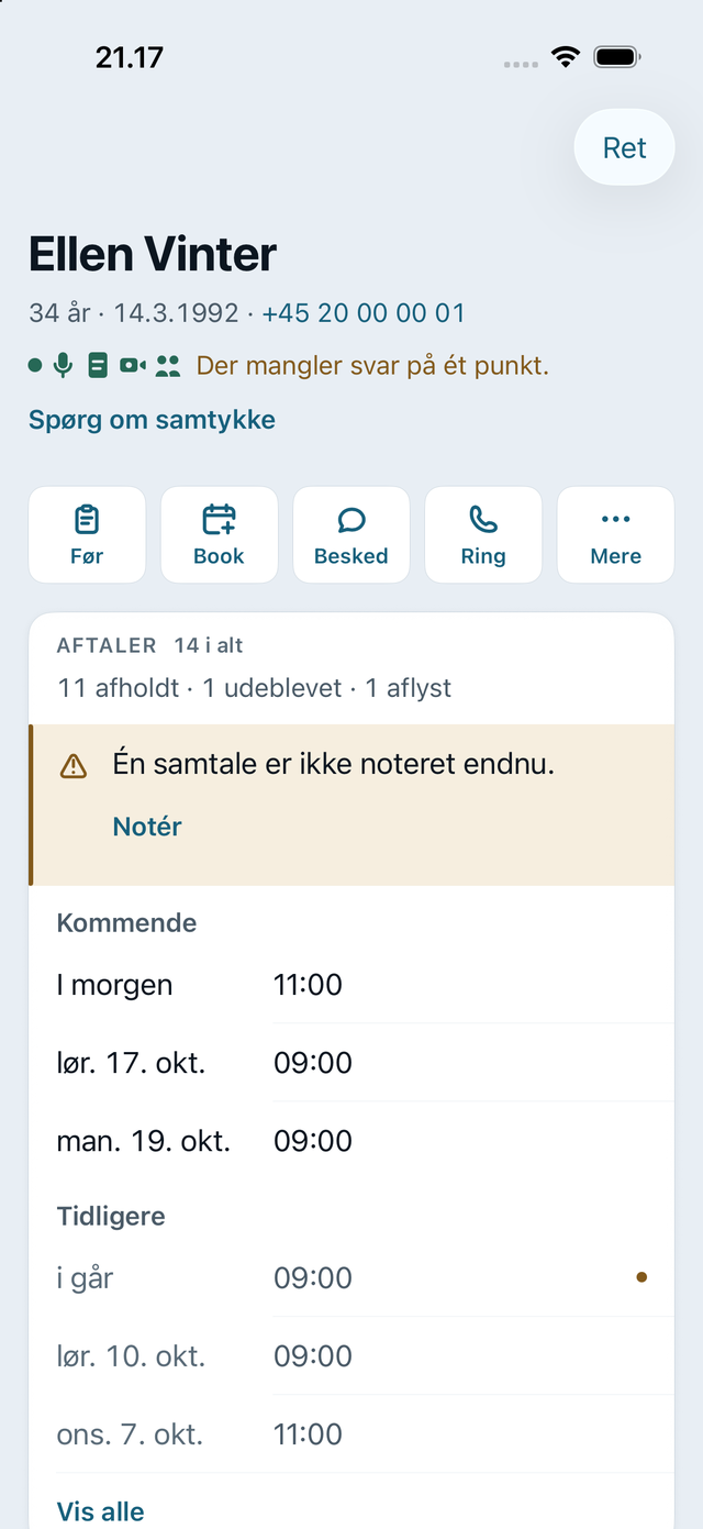 Klientens kort på iPhone: handlingerne Besked, Ring, SMS, Forløbet og Relationer