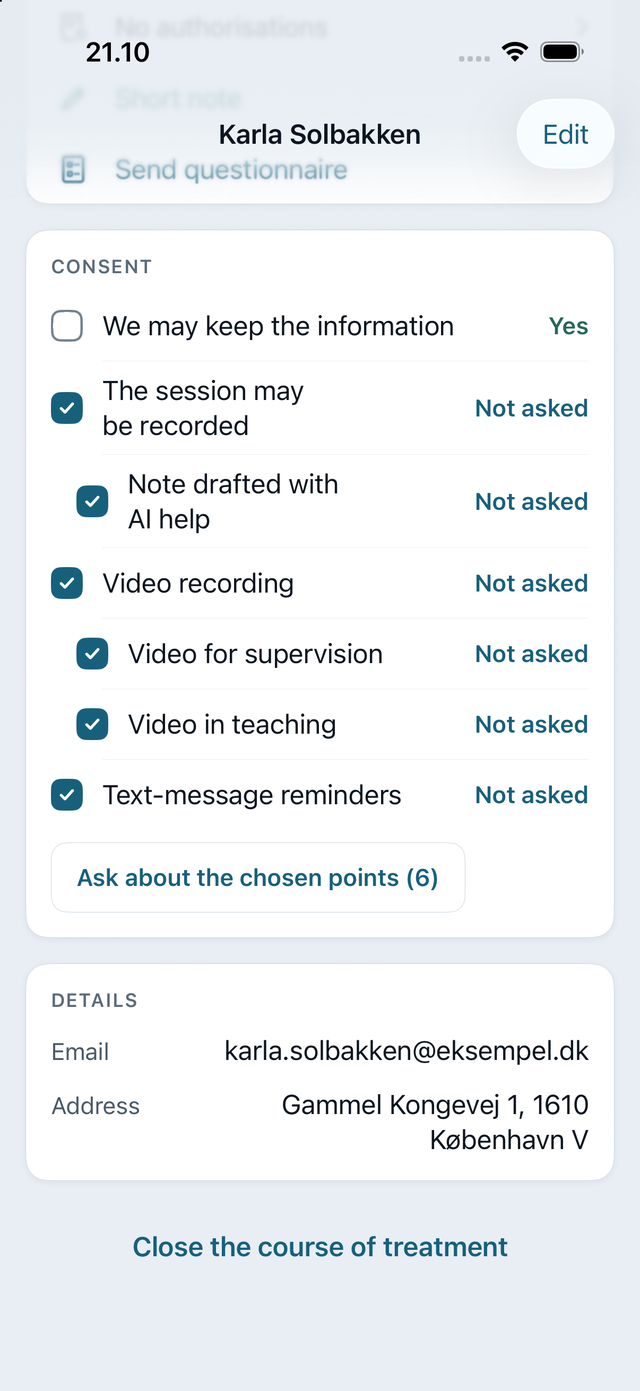 Consent on the client card: one row per point with the answer, ticked where she has not been asked, and “Ask about the chosen points (6)”