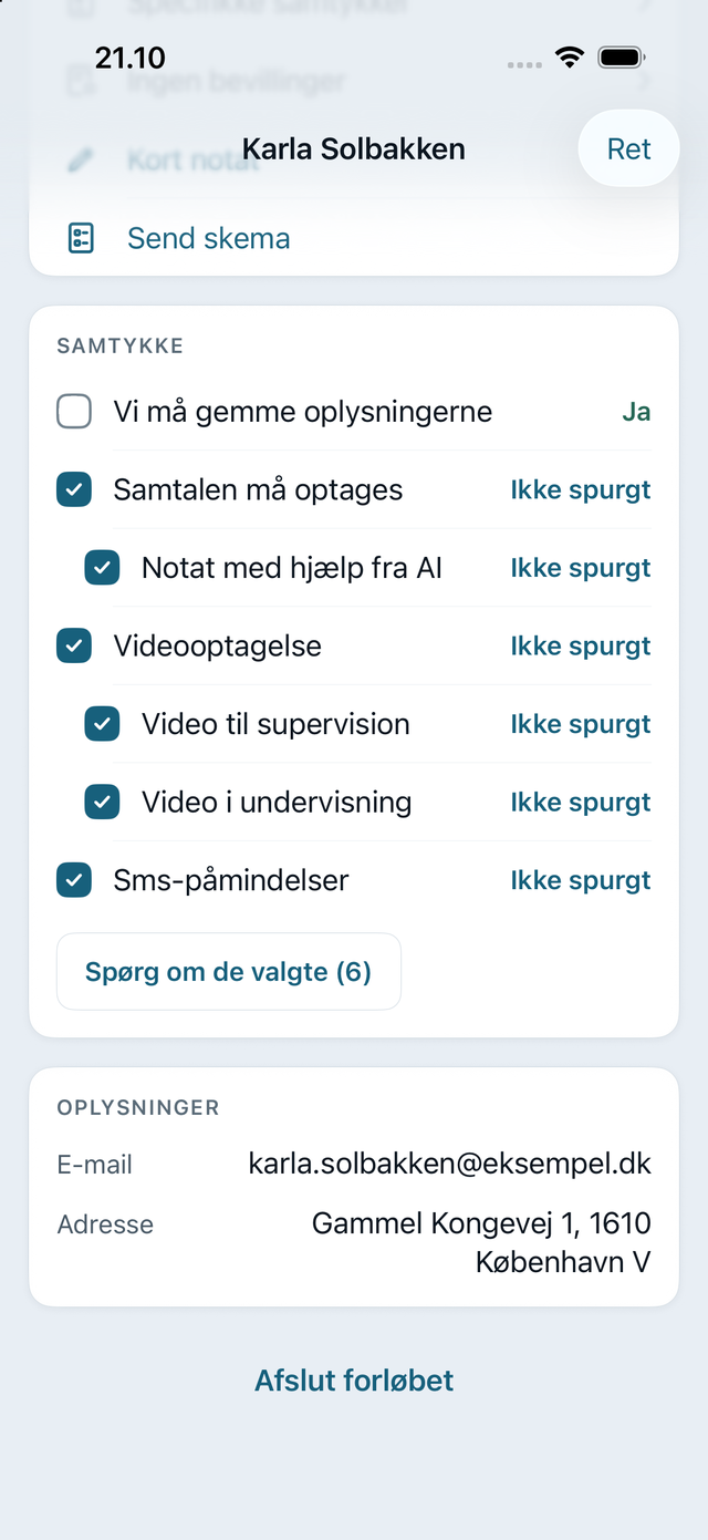 Samtykket på klientens kort: én række pr. punkt med svaret, krydset af ved det, der ikke er spurgt om, og «Spørg om de valgte (6)»