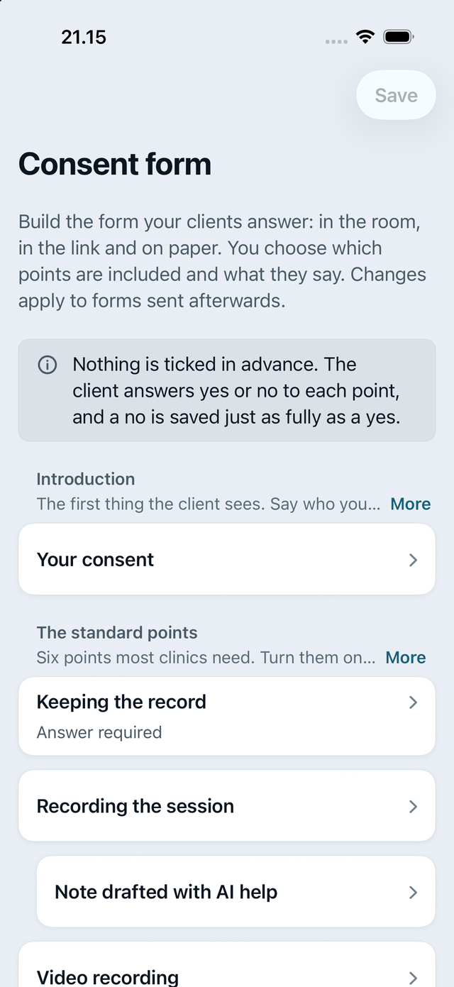 The consent form in the app: the introduction, the standard points and the note that nothing is ticked in advance