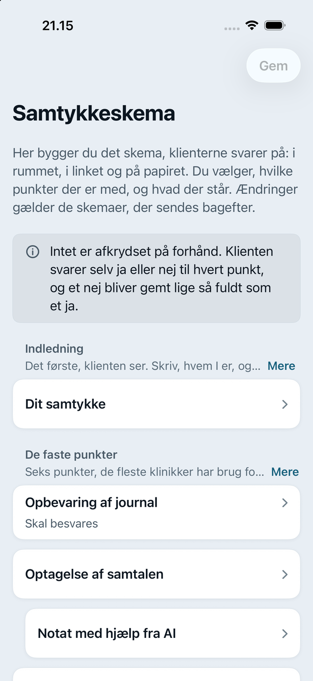 Samtykkeskemaet i appen: indledningen, de faste punkter og beskeden om, at intet er afkrydset på forhånd