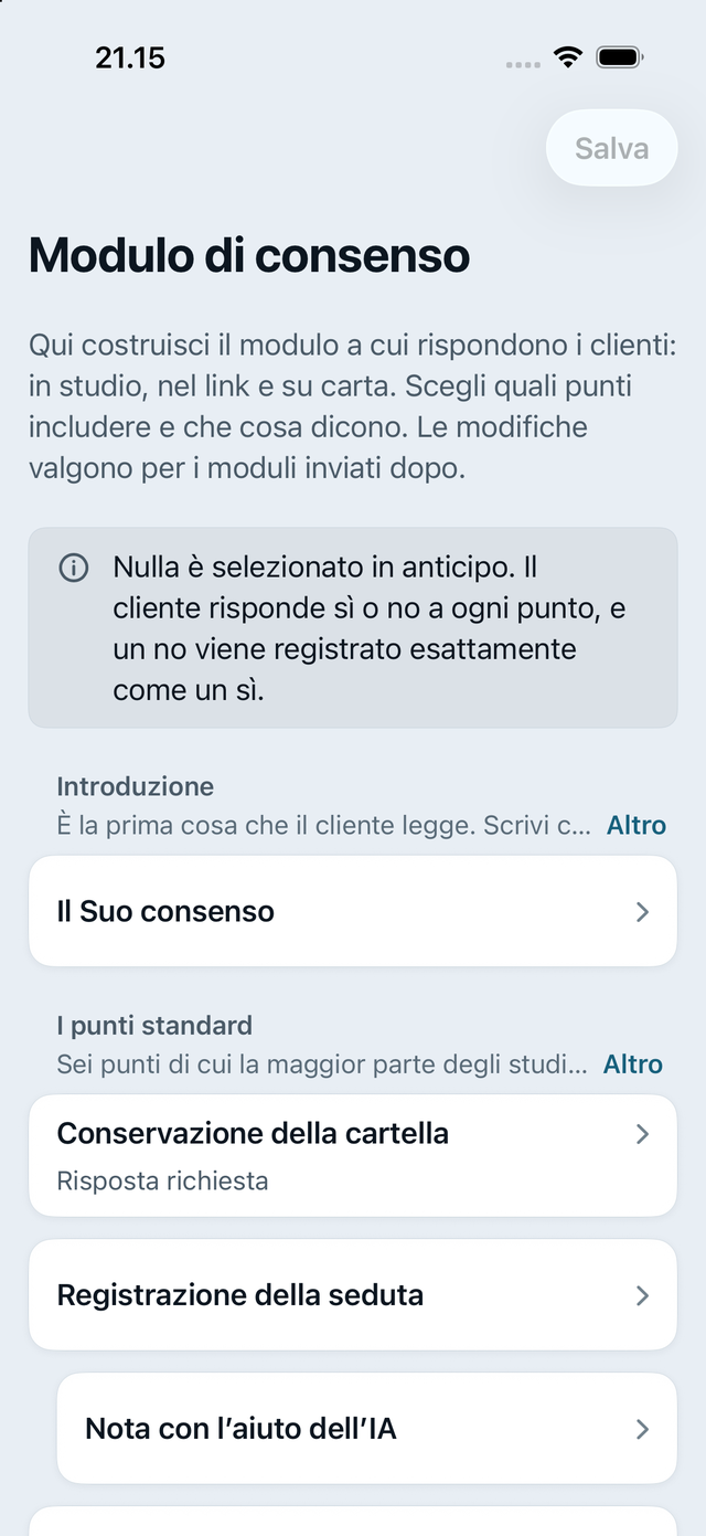 Il modulo di consenso nell’app: l’introduzione, i punti fissi e l’avviso che nulla è spuntato in anticipo