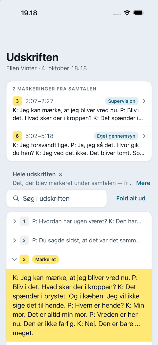 Udskriften på iPhone: afsnit foldet sammen, det markerede foldet ud og gult