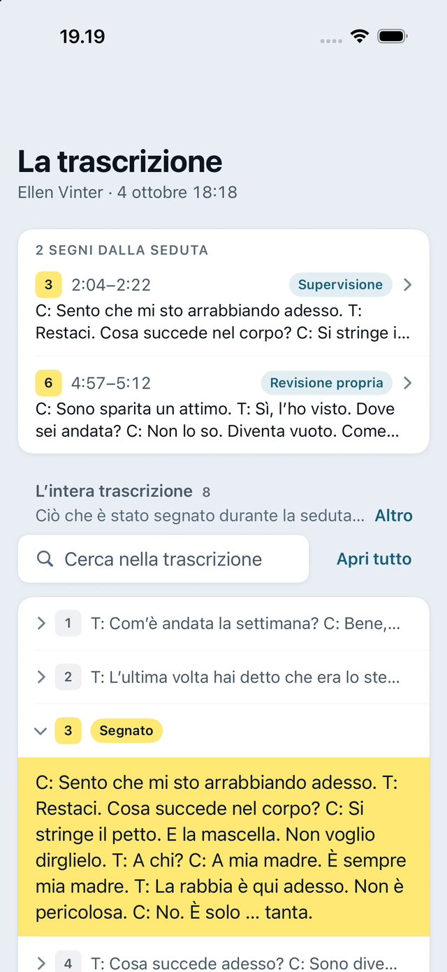 La trascrizione su iPhone: sezioni chiuse, quelle segnate aperte e gialle